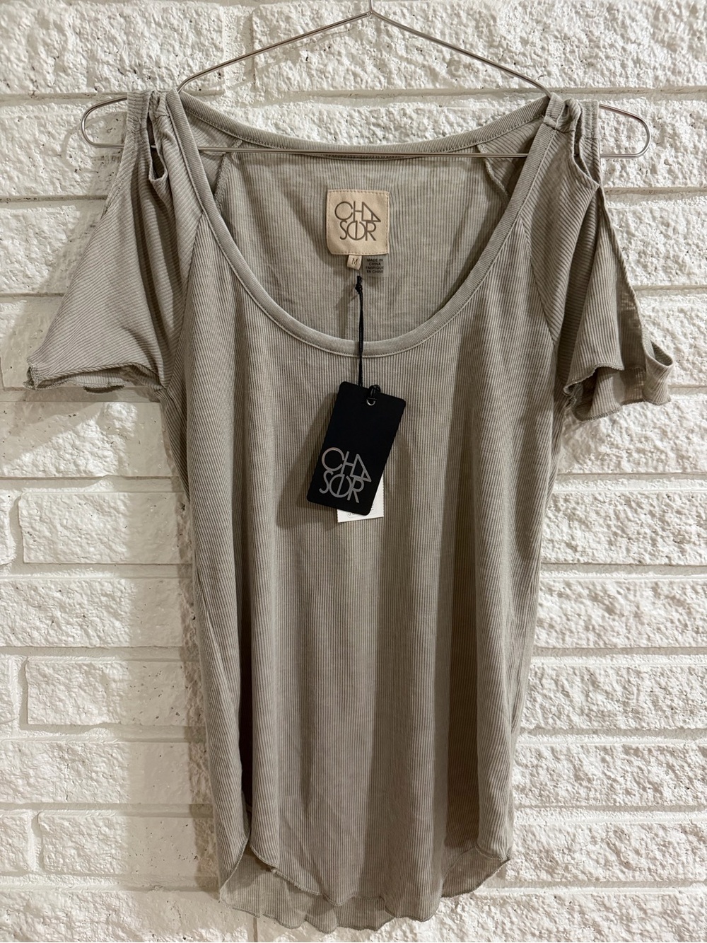 Chaser Taupe Ribbed Cold-Shoulder Short Sleeve Top